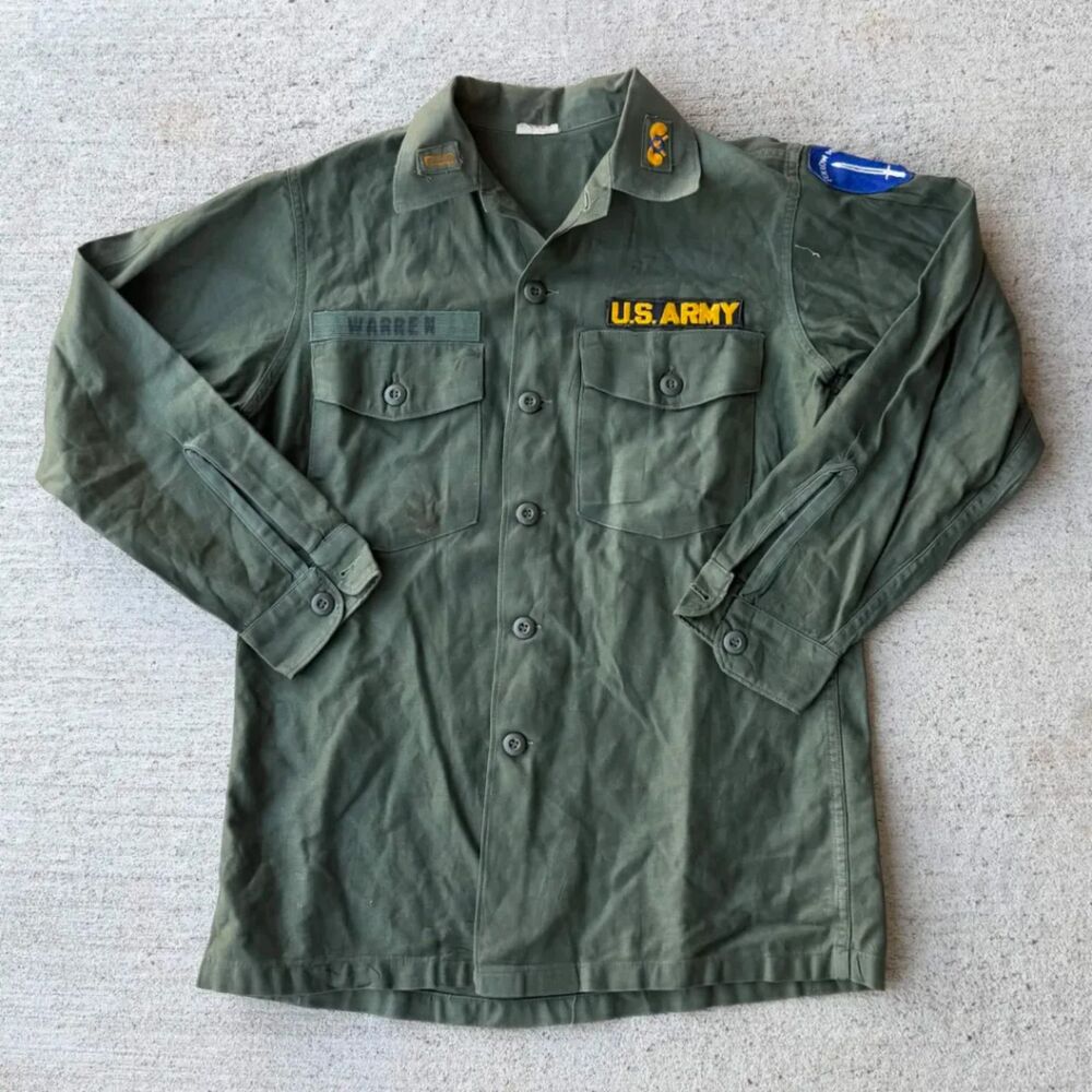 Vtg 60s Vietnam War US Army OG-107 Cotton Sateen Utility Shirt Jacket 15.5X31